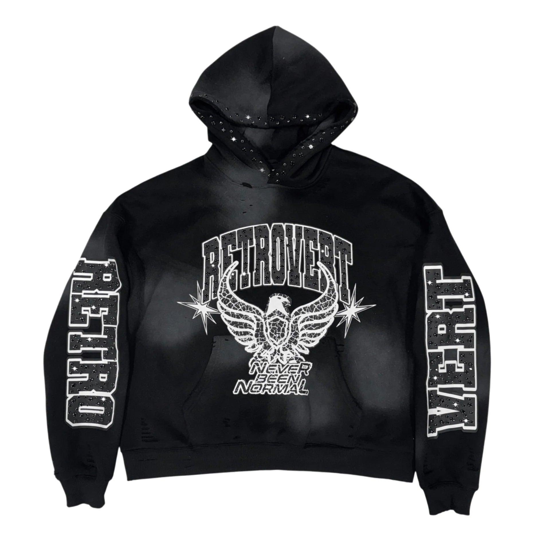 Retrovert - RHINESTONE STAR EAGLE HOODIE BLACK