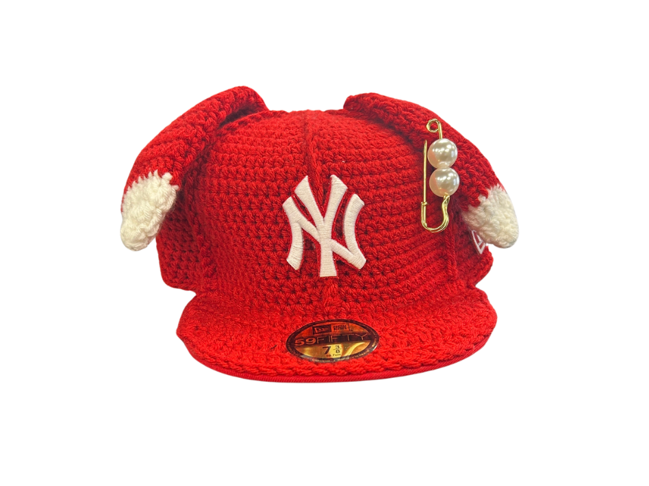Custom Crochet Fitted NY Yankees Fitted Hat Red 7 3/8
