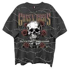 Giant Vintage Guns n Roses Skull Roses 2-Sided Print Vintage Black Enzyme Washed T-Shirt